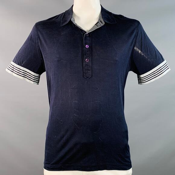 GIORGIO ARMANI Size L Navy Blue Contrast Trim Silk Blend Short Sleeve Polo - Picture 1 of 5